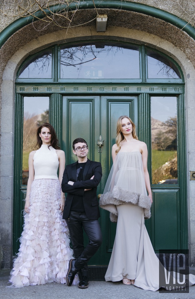 Model Faye Dinsmore, Designer Christian Siriano, and Model Clara McSweeney Ballynahinch Caslte