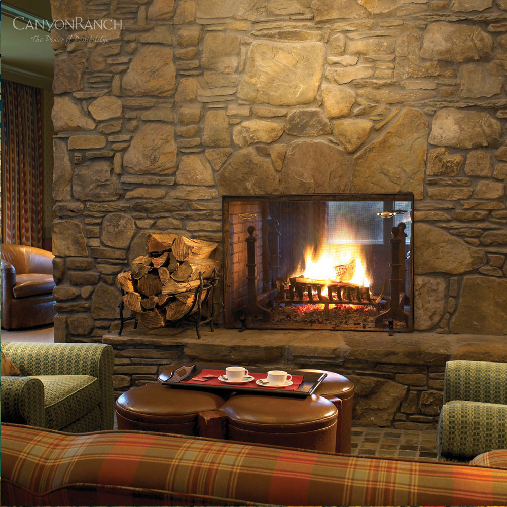 Fireplace and lounge at Canyon Ranch Resort & Spa Lenox, in Massachusetts, USA