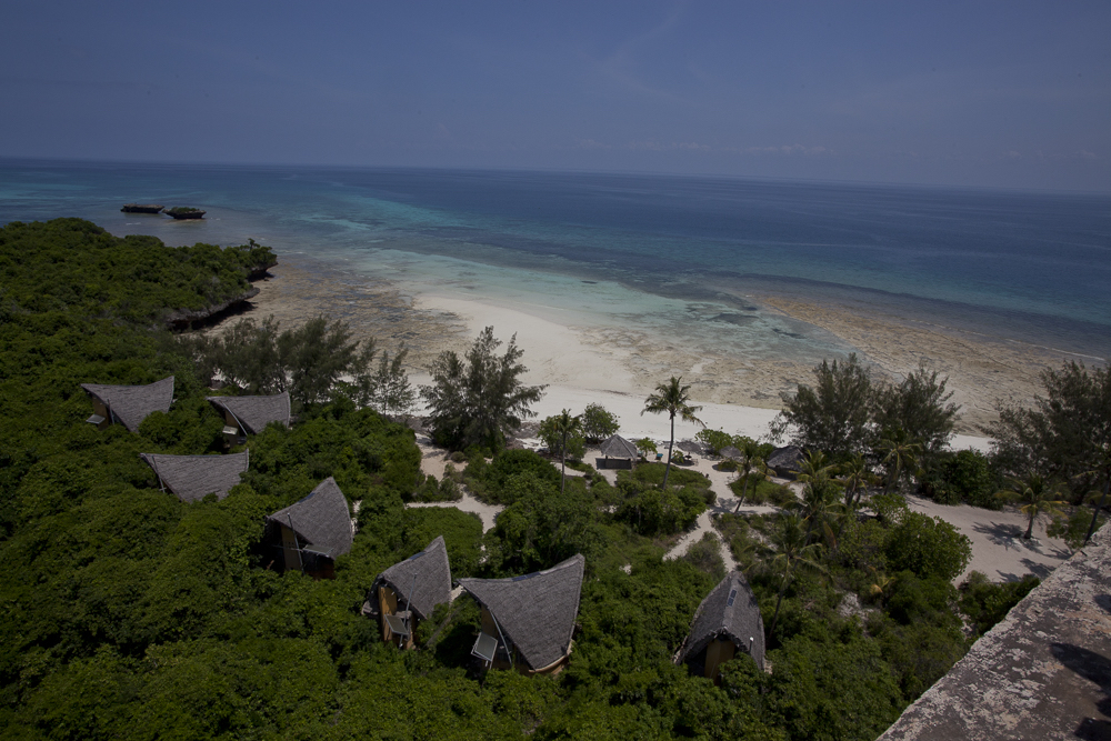 Aerial shot of huts in Chumbe Island Coral Park