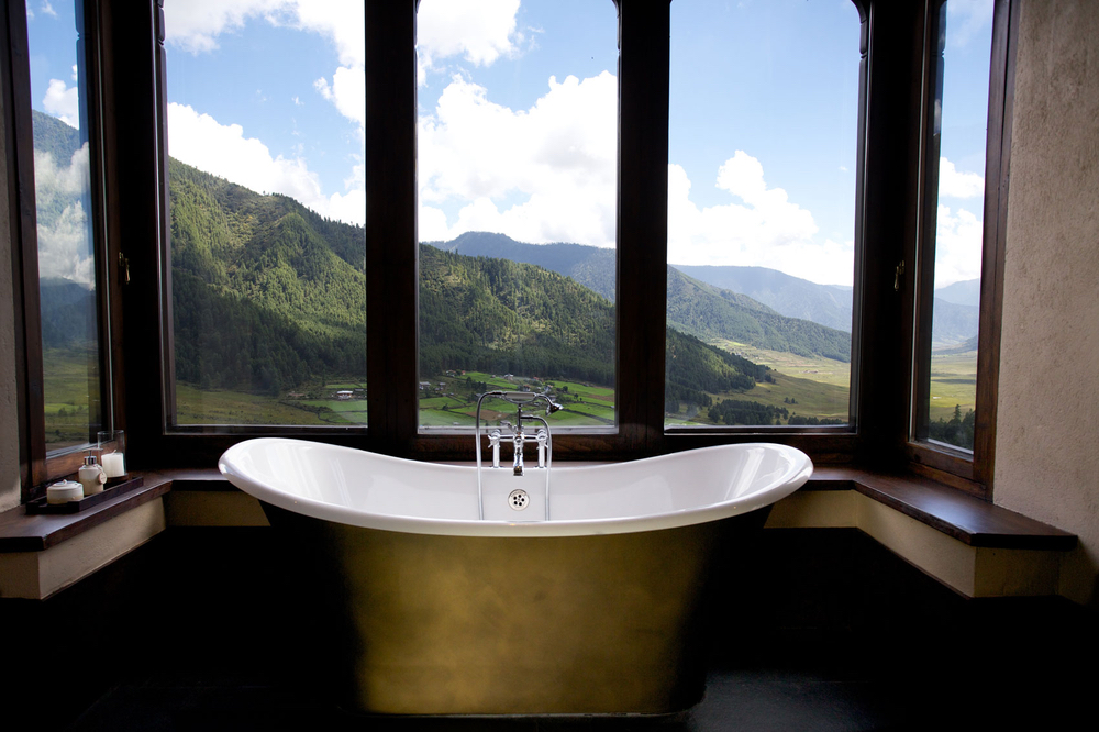Bathtub view at at Gangtey Lodge in Gangtey, Bhutan