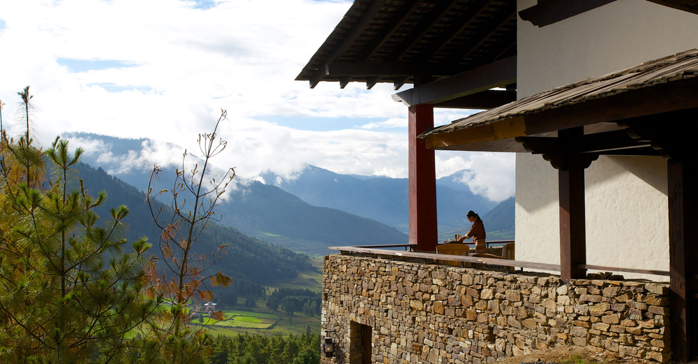 Exterior shot and view at Gangtey Lodge in Gangtey, Bhutan