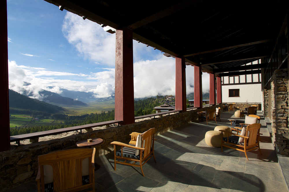 Outdoor deck at at Gangtey Lodge in Gangtey, Bhutan