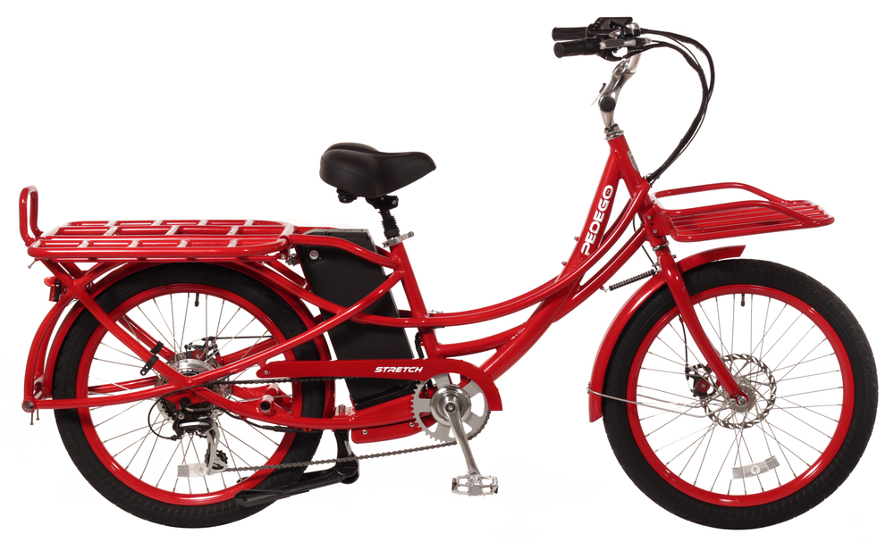Product shot bright red bike Pedego Electric bicycle 30a