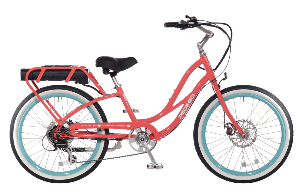 pink and blue cruiser bike pedego 30a electric bicycle