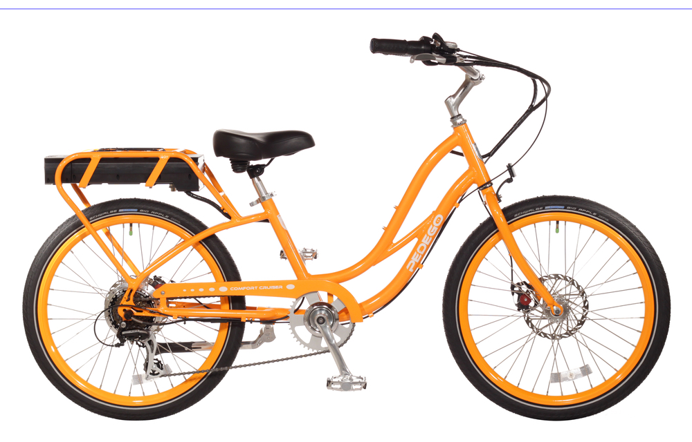 neon orange cruiser bike pedego 30a electric bicycle