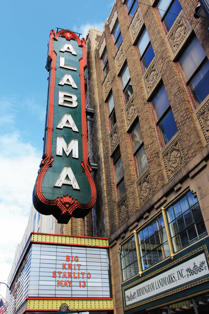 Exterior signage of the Alabama Theatre in Birmingham Alabama 1927 movie palace