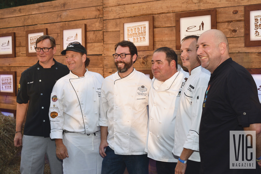 Chef Emeril Lagasse poses with Florida chefs at Boudin, Bourbon and Beer: (L-R), Jim Shirley, Jim Richard, Kevin Korman, Emeril Lagasse, Dan Vargo, and Justin Timineri at The Twelfth Annual Boudin, Bourbon and Beer. Photo by Gerald Burwell.