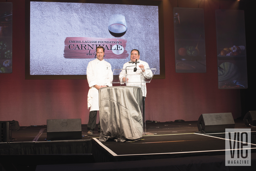 Emeril Lagasse with Chef Chris Wilson on stage at Carnivale du Vin in NOLA. Photo by Gerald Burwell.