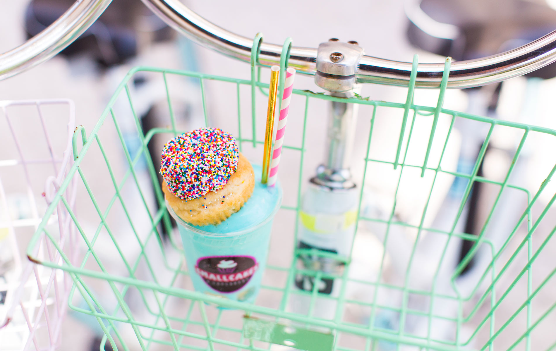 Smallcakes Cupcakery and Creamery, cupcake smoothie sitting in bike basket