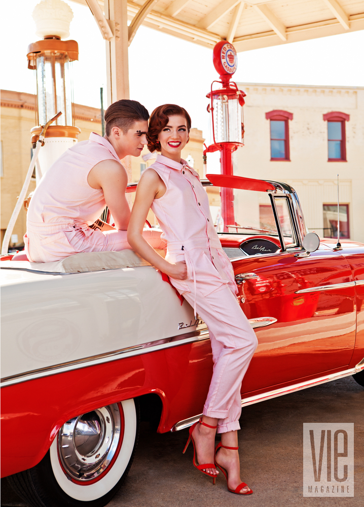 Girl from the past and boy from the future fall in love pink jumpsuits