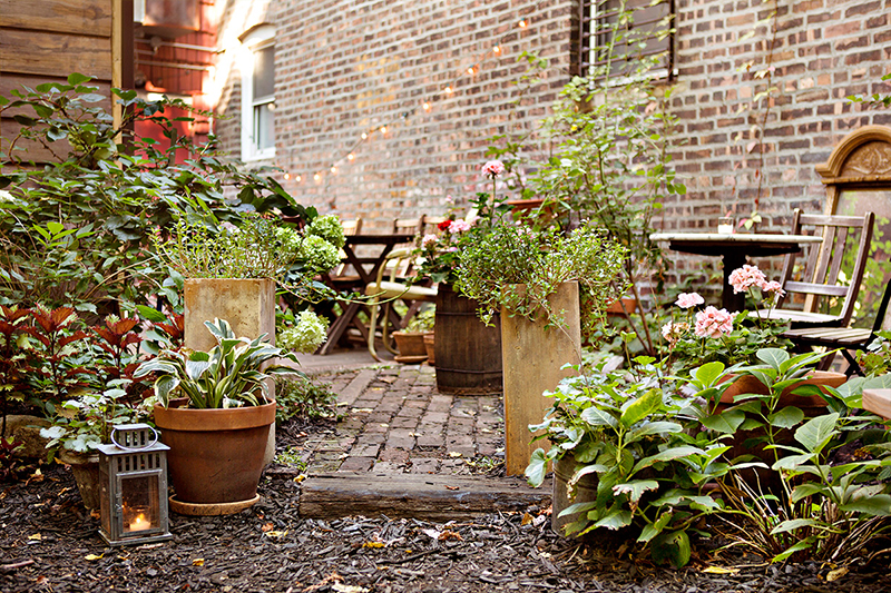 Outdoor garden patio seating at Milk and Roses restaurant in Brooklyn, New York