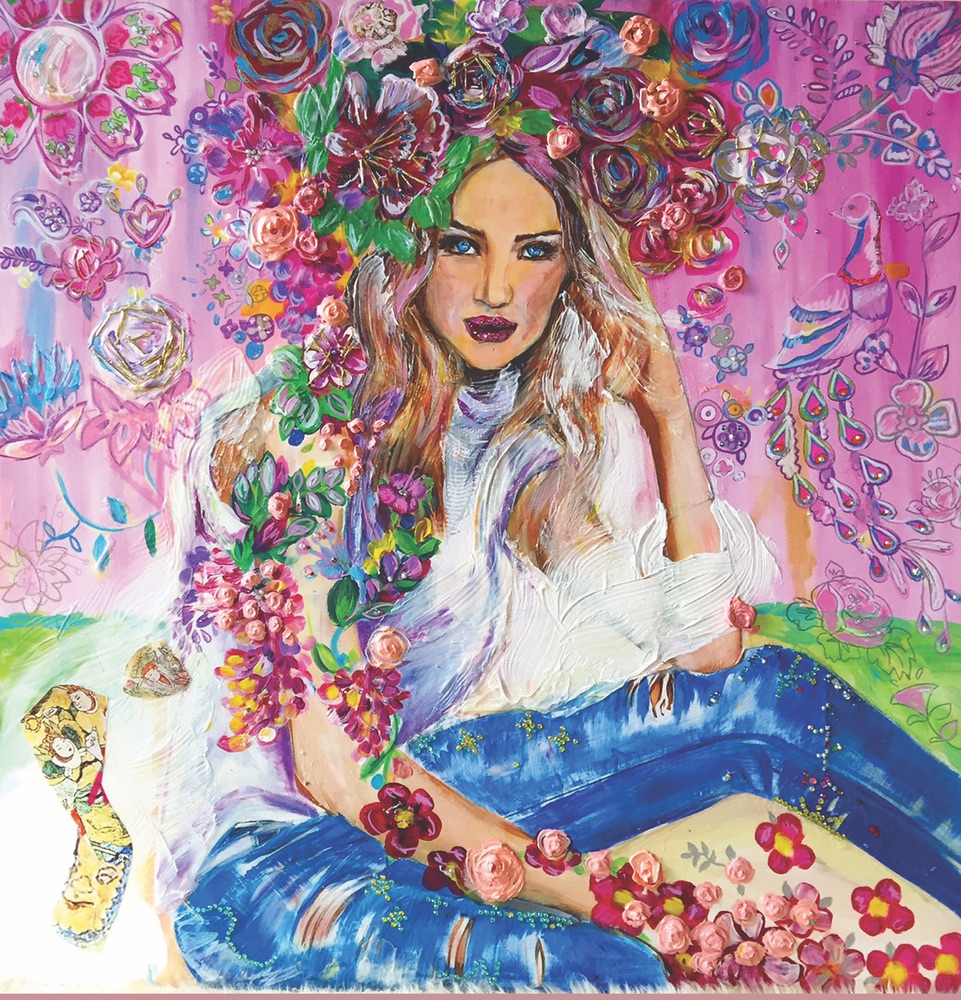 Denim Flower Girl 36″ x 36″, painting by Olesya Ianovitch