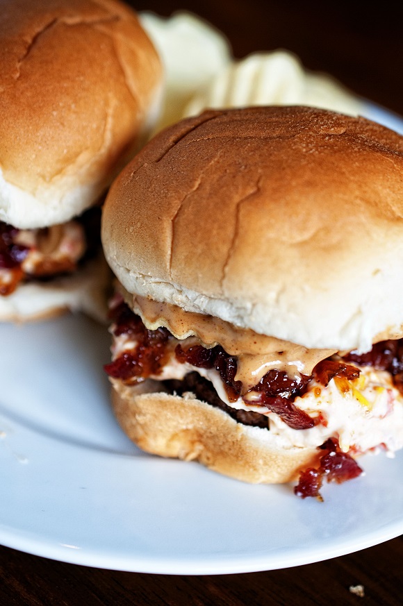 Burger with bacon jam and peanut butter courtesy of Sweet Recipeas