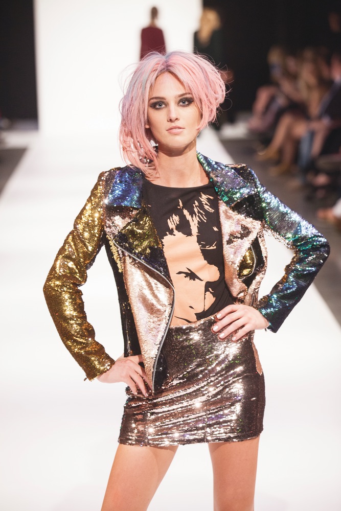 Sequined blazer and miniskirt ensemble on the runway at Nashville Fashion Week Model: Amax Talent Photo by Gerry Navarrete