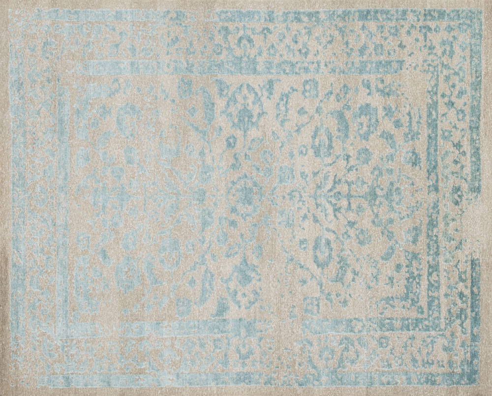 Hand-knotted distressed Indian rug in 100 percent hand-spun viscose from bamboo, available in sizes up to 9′6″ x 13′6″