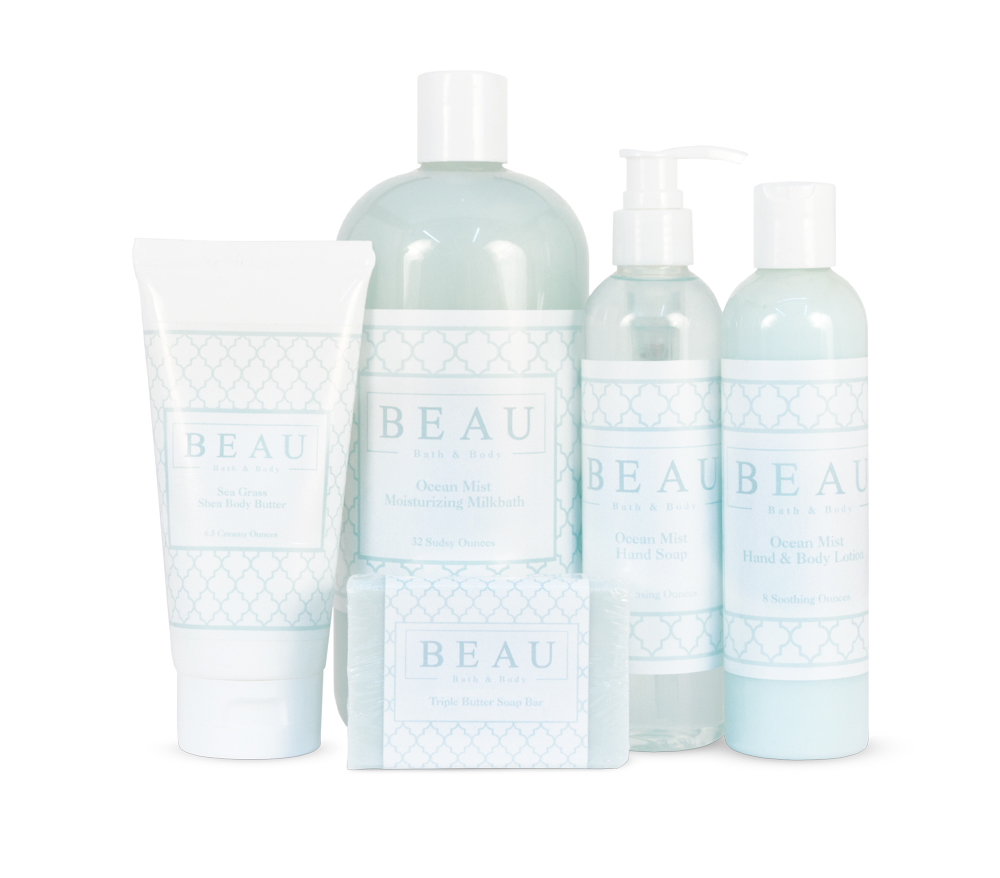 Beau Bath & Body collection of premium products in two signature scents: Ocean Mist and Sea Grass