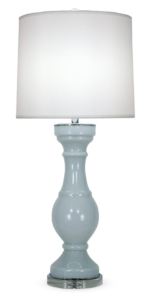 Tall light-blue glass table lamp with acrylic base and white linen shade