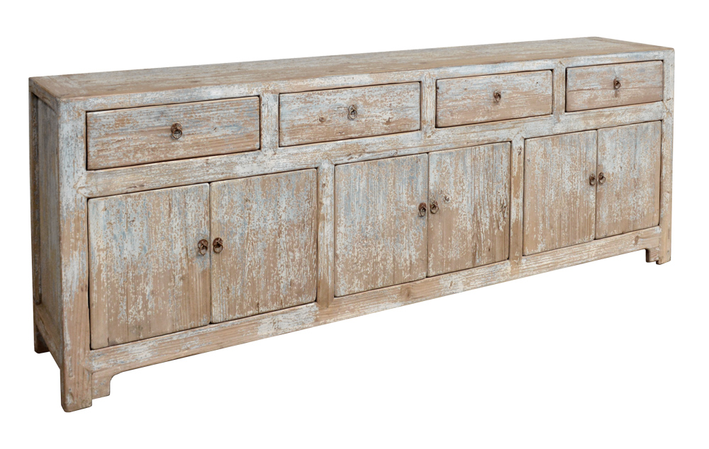 Reclaimed pine antique reproduction buffet with light-blue distressing