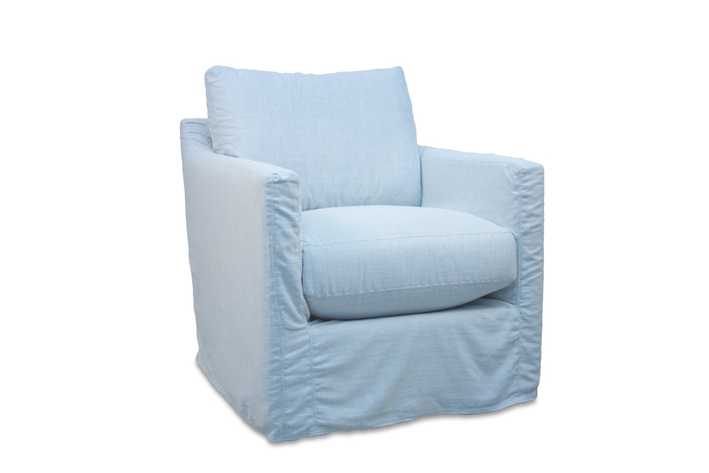 Best-selling swivel glider chair, slipcovered in ice-blue linen/cotton blend. More slipcover fabric options as well as upholstered and stationary options available starting at $995.