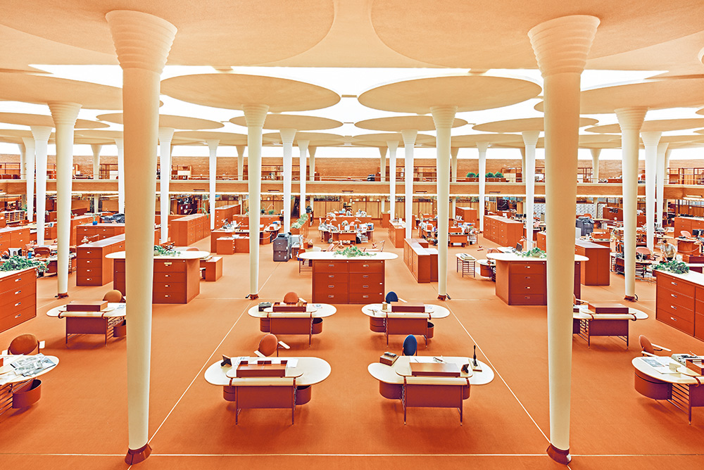 The Great Workroom at the SC Johnson Administration Building designed by Frank LLoyd Wright