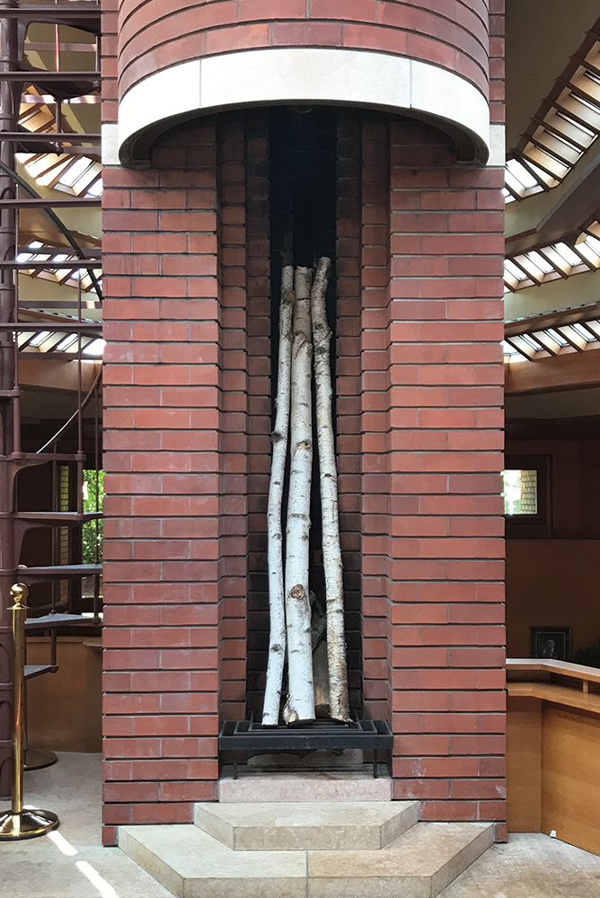 Vertical fireplace in the Wingspread Estate designed by Frank Lloyd Wright