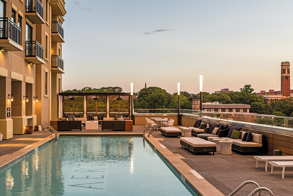 Rooftop pool deck at the Kimpton Aertson in Nashville Tennesee beautiful views modern hotel