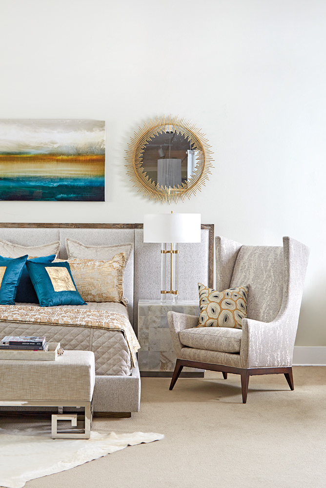 Midcentury modern flair bedroom gold burst mirror Gorgeous Interiors Lovelace Designs