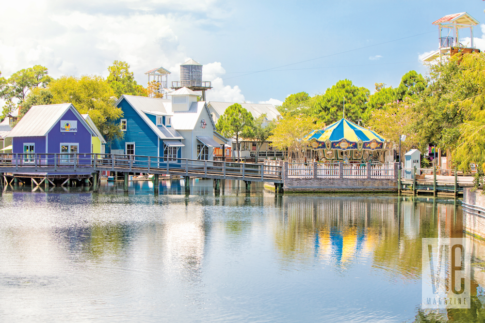 Beautiful landscape shot of The Village of Baytowne Wharf over the water