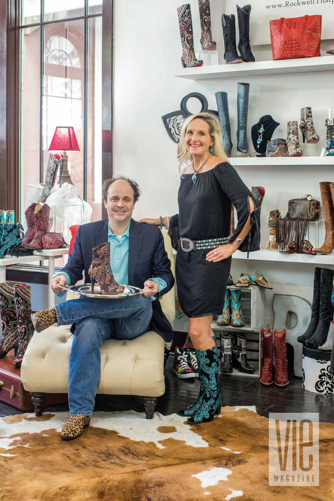 Owners Cameron Tharp and Kristi Rockwell inside their leather goods store Rockwell Tharp The Village