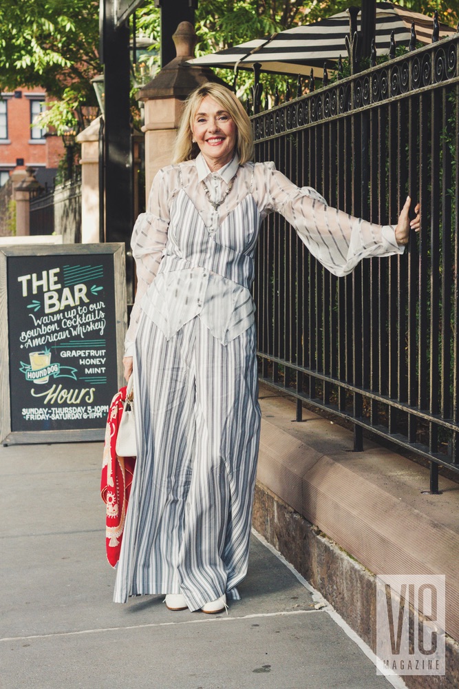 Founder and editor-in-chief Lisa Burwell in New York City on September 9, 2017, wearing a three-piece striped ensemble from Siriano’s Spring/Summer 2017 Isle of Capri collection. Photo by Rinn Garlanger