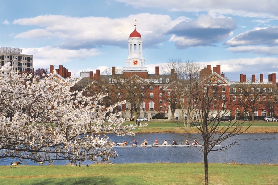 Rowers rowing in front of Harvard University in Boston.