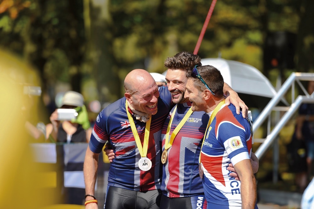 Cycling gold and silver were awarded to the UK and bronze to France. Left to right: Wayne Harrod, Karl Allen-Dobson, and Henri Rebujent Invictus Games 2017 Toronto.