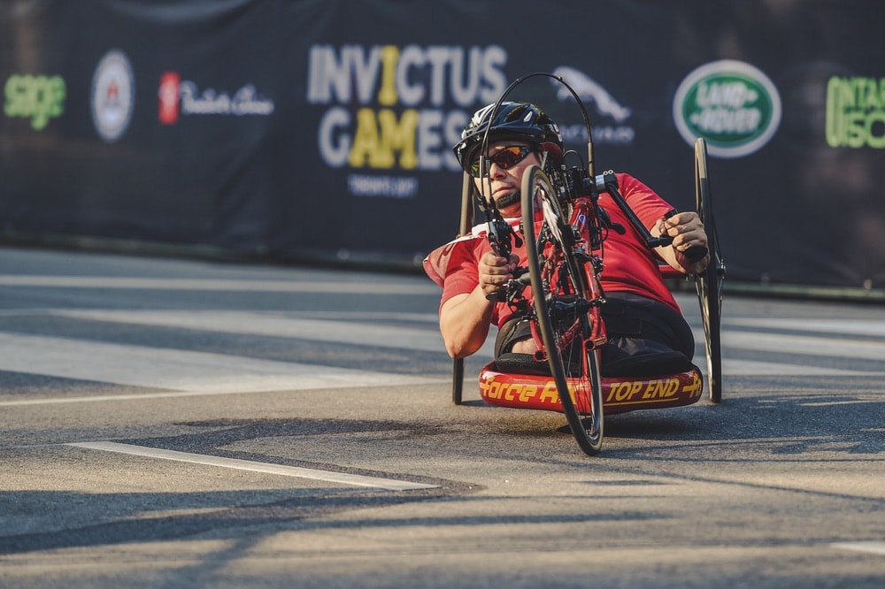 A member of Team Germany competes in the cycling time trial with a recumbent bike at the Invictus Games 2017 Toronto.