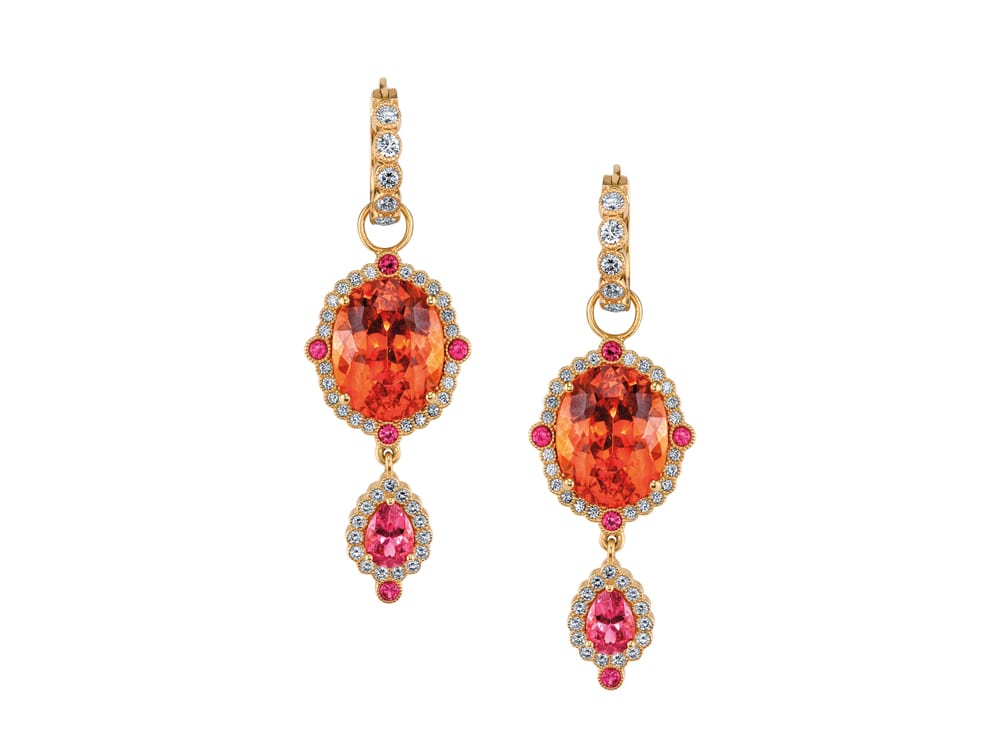 Gorgeous Imperial Earrings in Mandarin Garnet and Paraiba by Erica Courtney