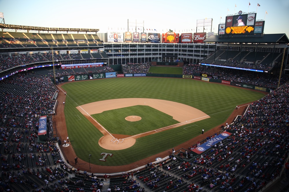 Night game at The Ballpark in Arlington, Texas between the Rangers and Seattle Mariners