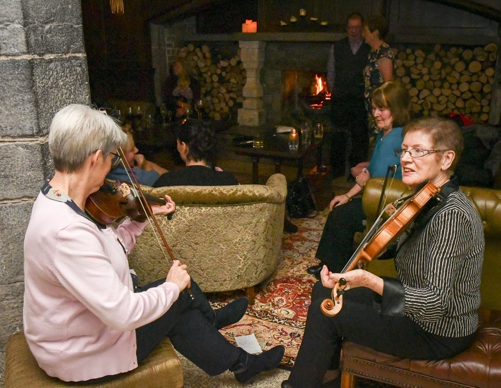Fiddlers play at the grand opening of Baronial Hall at Kilkea Castle on October 27, 2017