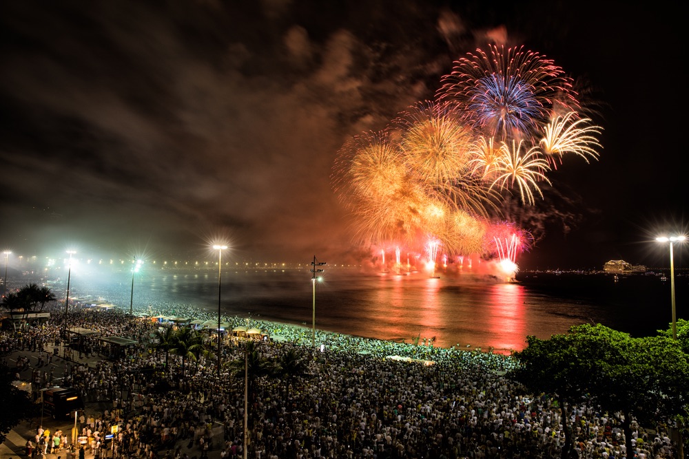 Spectacular fireworks display at Copacabana beach new years eve, Brazil