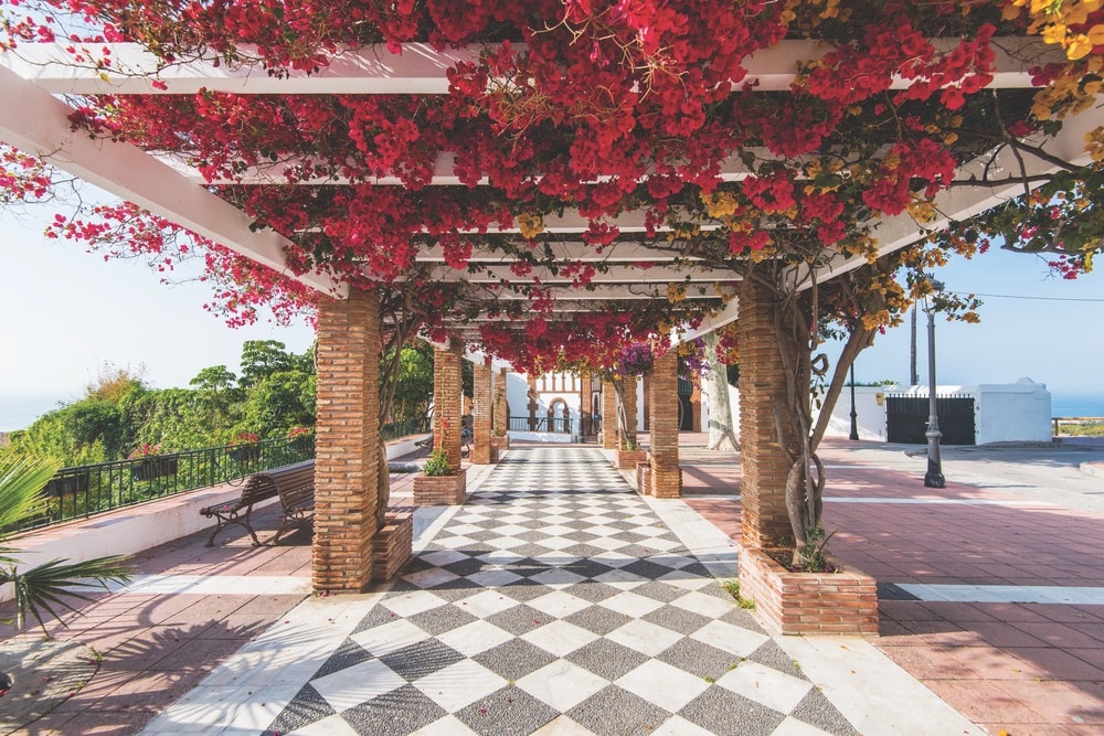Flowers line the streets at a scenic lookout point in the coastal village of Maro in Andalusia.