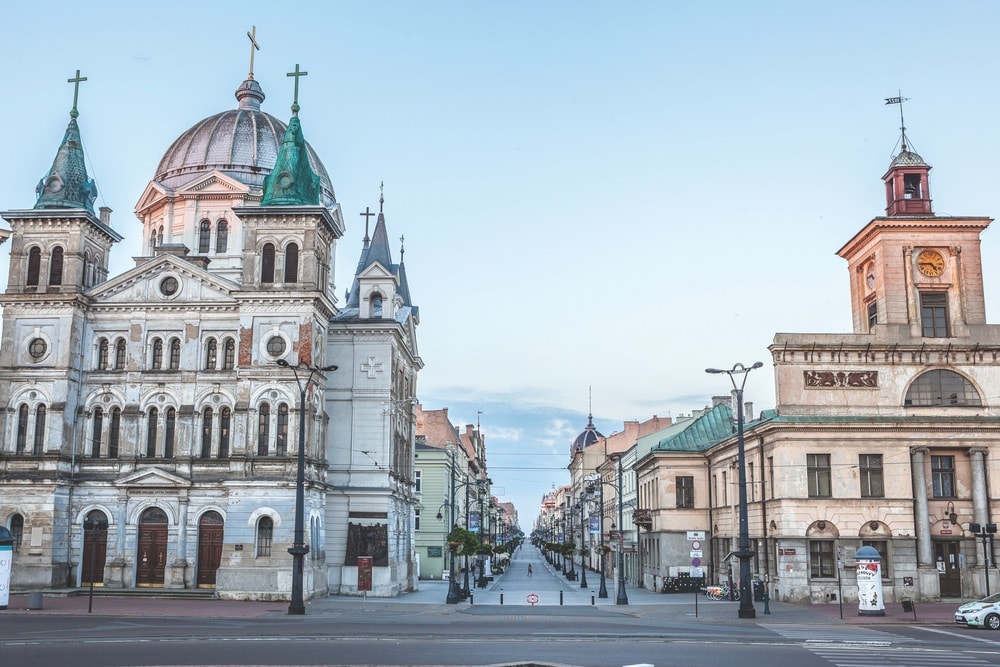 Lodz’s elegant Piotrkowska Street, known for its shops, restaurants, and historic buildings