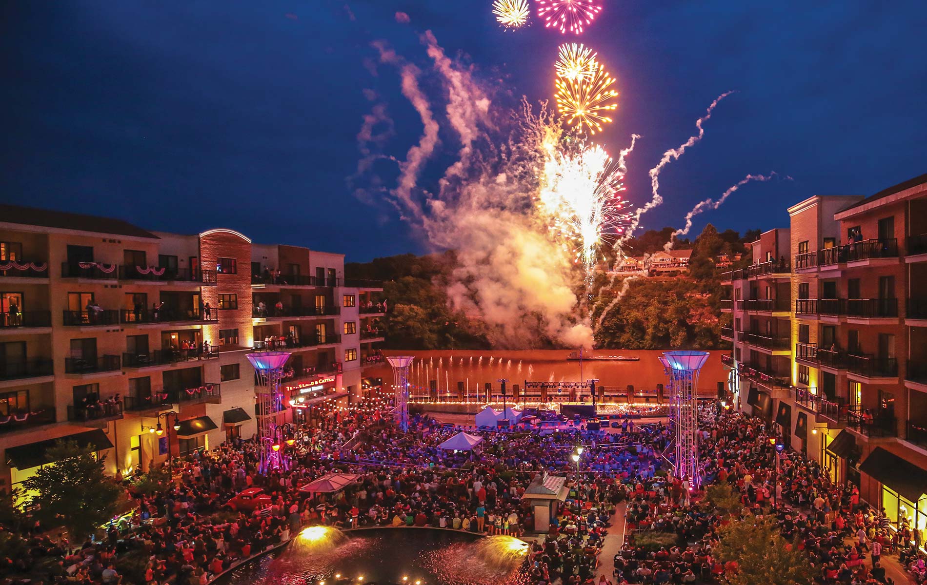 Branson Landing is a popular outdoor music venue in the city; the complex also includes a Hilton hotel, condos, over a hundred retail stores, restaurants, and more. Photo courtesy of Branson CVB