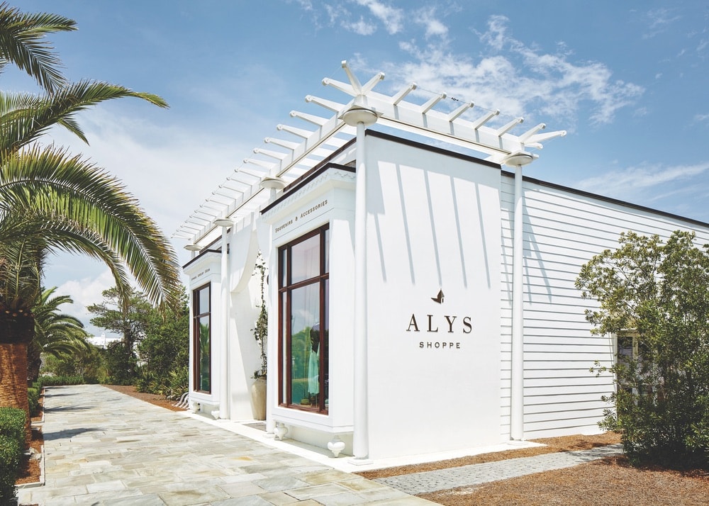 Side view of the outside of The Alys Shoppe in Alys Beach, Florida