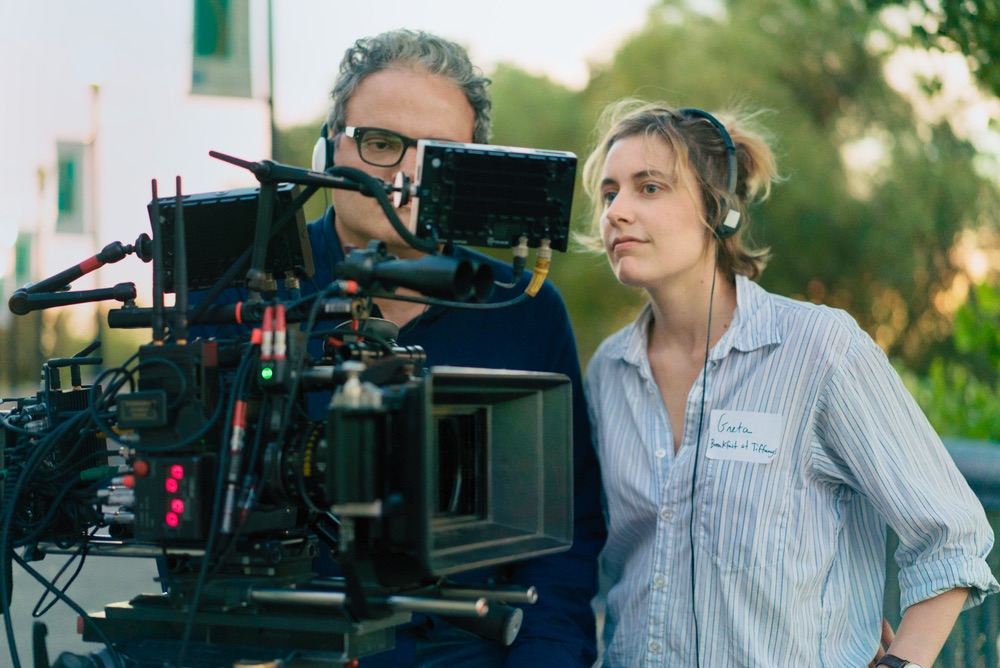 Sam Levy and Greta Gerwig on the set of LADY BIRD. Photo by Merie Wallace, courtesy of A24