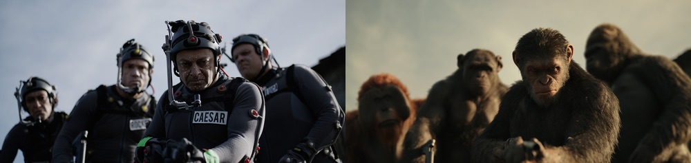 L-r, Karin Konoval, Terry Notary, Andy Serkis and Michael Adamthwaite on the set of Twentieth Century Fox's "War for the Planet of the Apes." Photo courtesy of 2017 Twentieth Century Fox FIlm Corp.