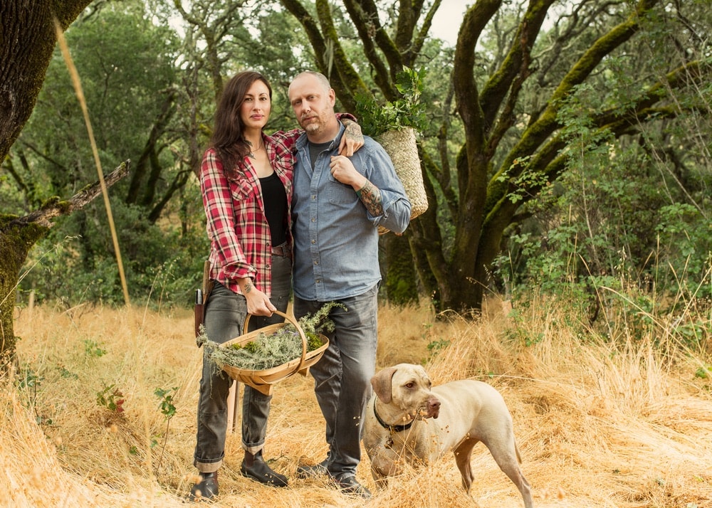 Sonoma County, California; Katina and Kyle Connaughton with farm dog Murray at Single Thread Farm