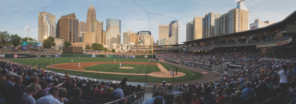 Charlotte Knights Baseball at BBT Ballpark with Charlotte, North Carolina skyline in the distance