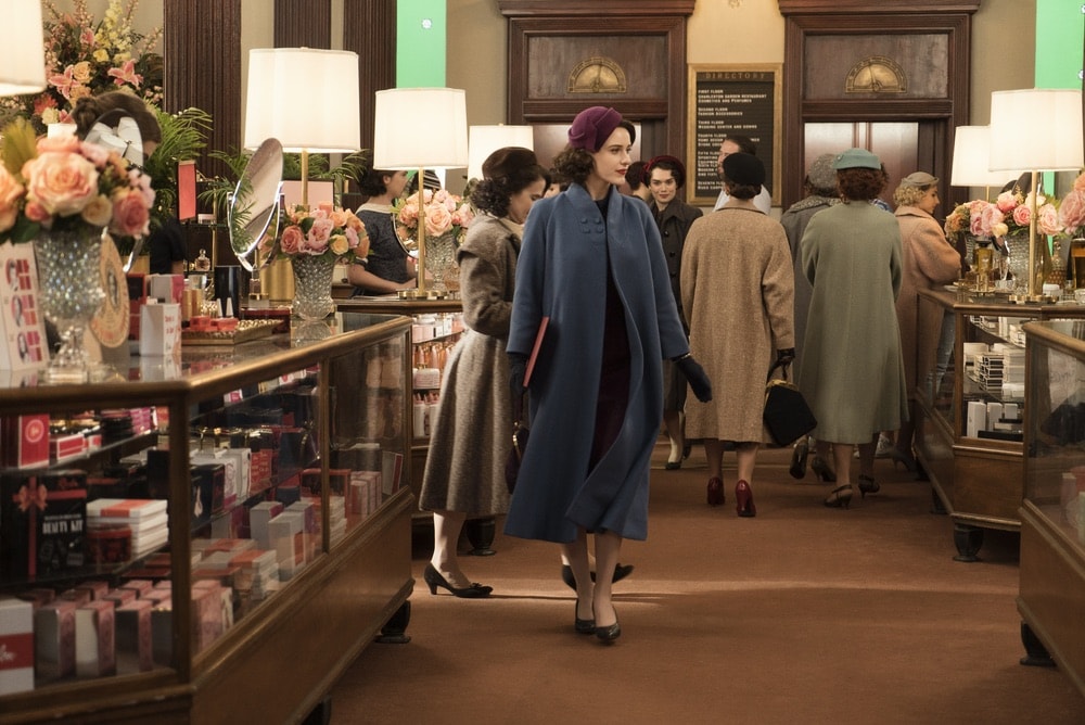 Rachel Brosnahan in Season 1 of The Marvelous Mrs. Maisel at her job