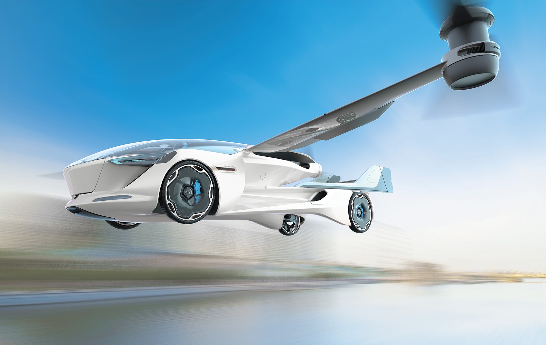 The AeroMobil 5.0 VTOL—This four-seat concept has two electrically driven rotors for vertical takeoff with horizontal thrust from an electric-powered rear-mounted pusher propeller. Each occupant will have a personalized in-flight experience, with flight or drive data, and advanced communications and media to ensure occupants stay connected while in the air or on the road. The company expects the AeroMobil 5.0 to be available within seven to ten years, in line with the reality of building and scaling the infrastructure and regulation for such innovative personal transportation. Artist rendering courtesy of AeroMobil.