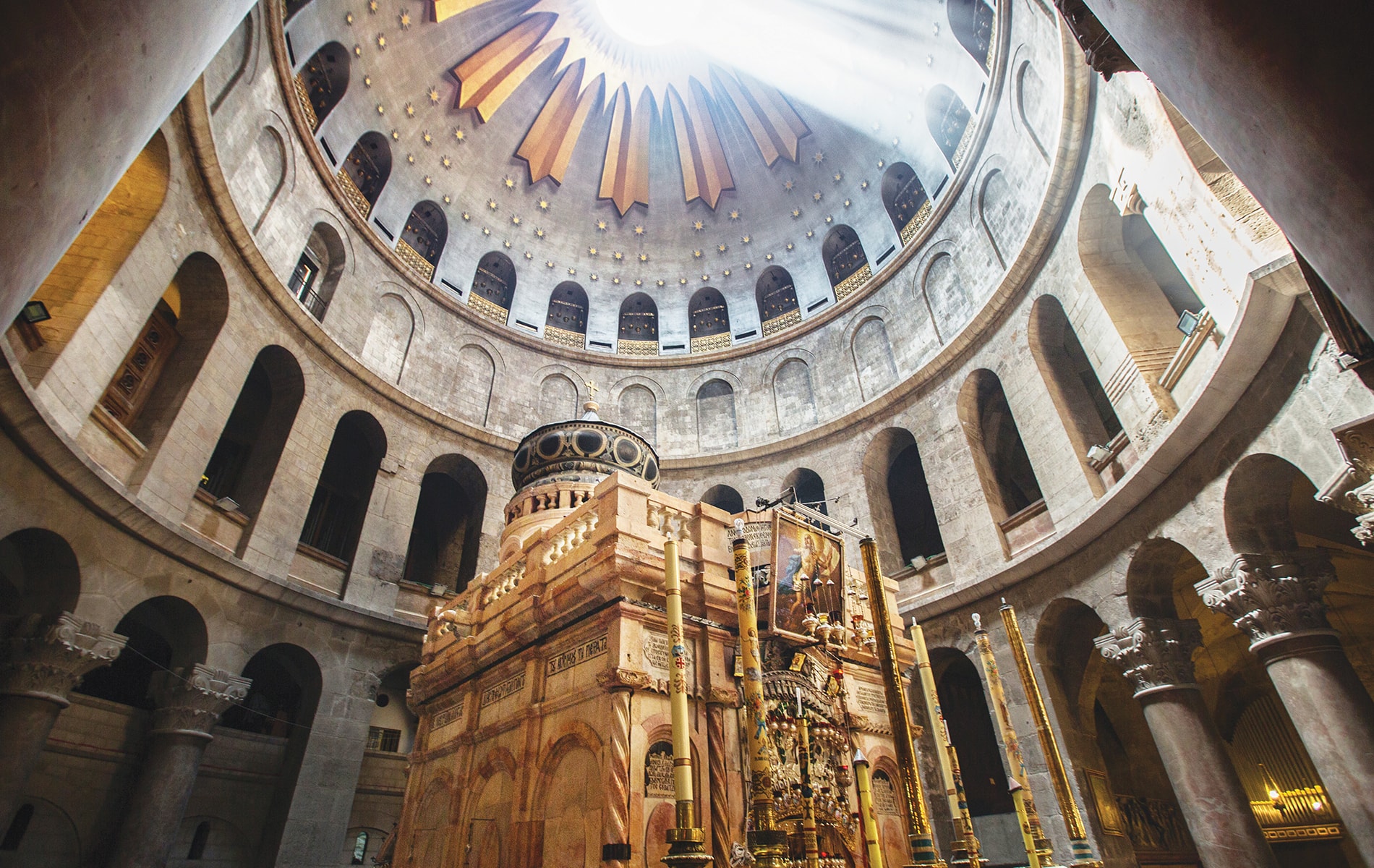 The majestic domed ceiling over Christ’s grave in the Church of the Holy Sepulchre