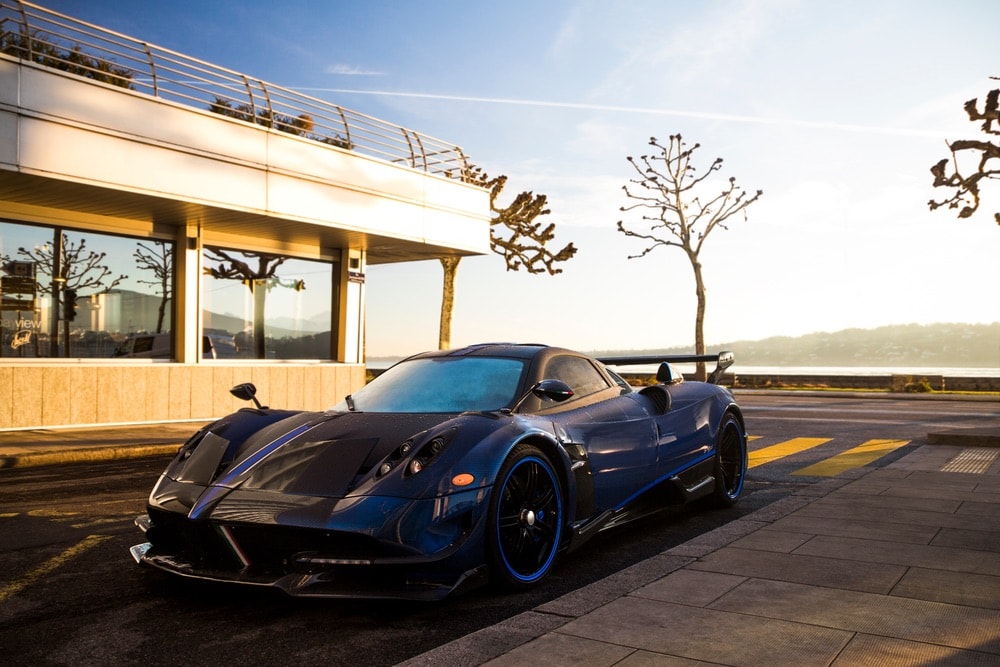 Pagani Huayra BC Macchina Volante hypercar parked at a luxury hotel in central Geneva.