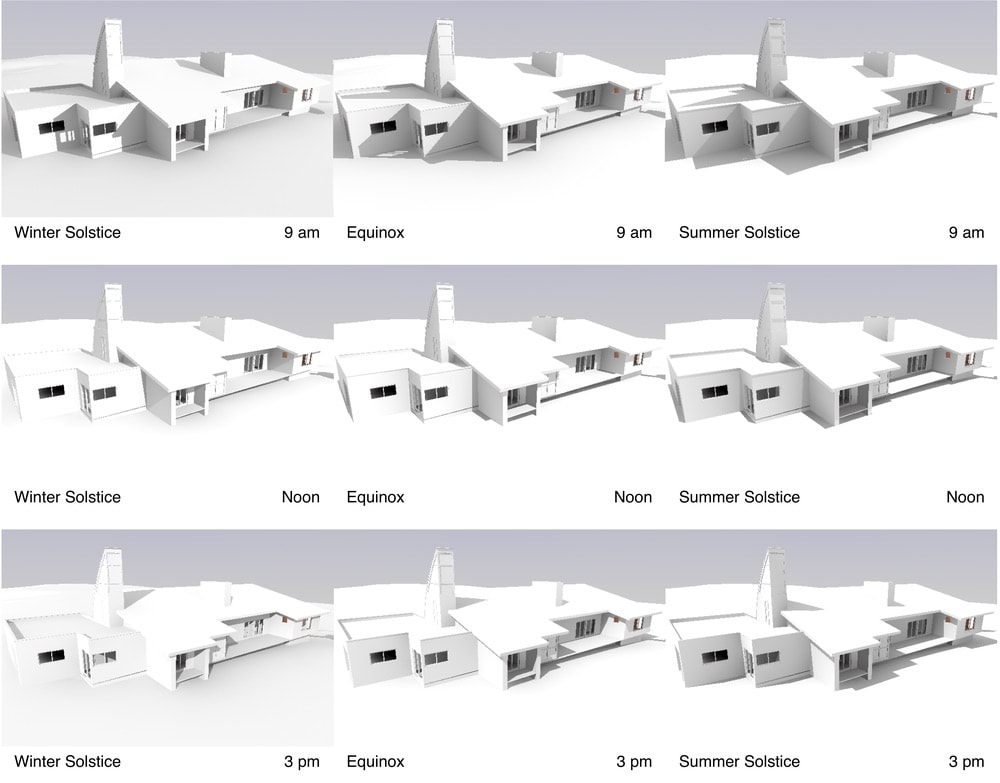 These sun studies are representative of the types of solar animations undertaken to ensure that various solar chimney configurations would not interfere with photovoltaic collection throughout the year.